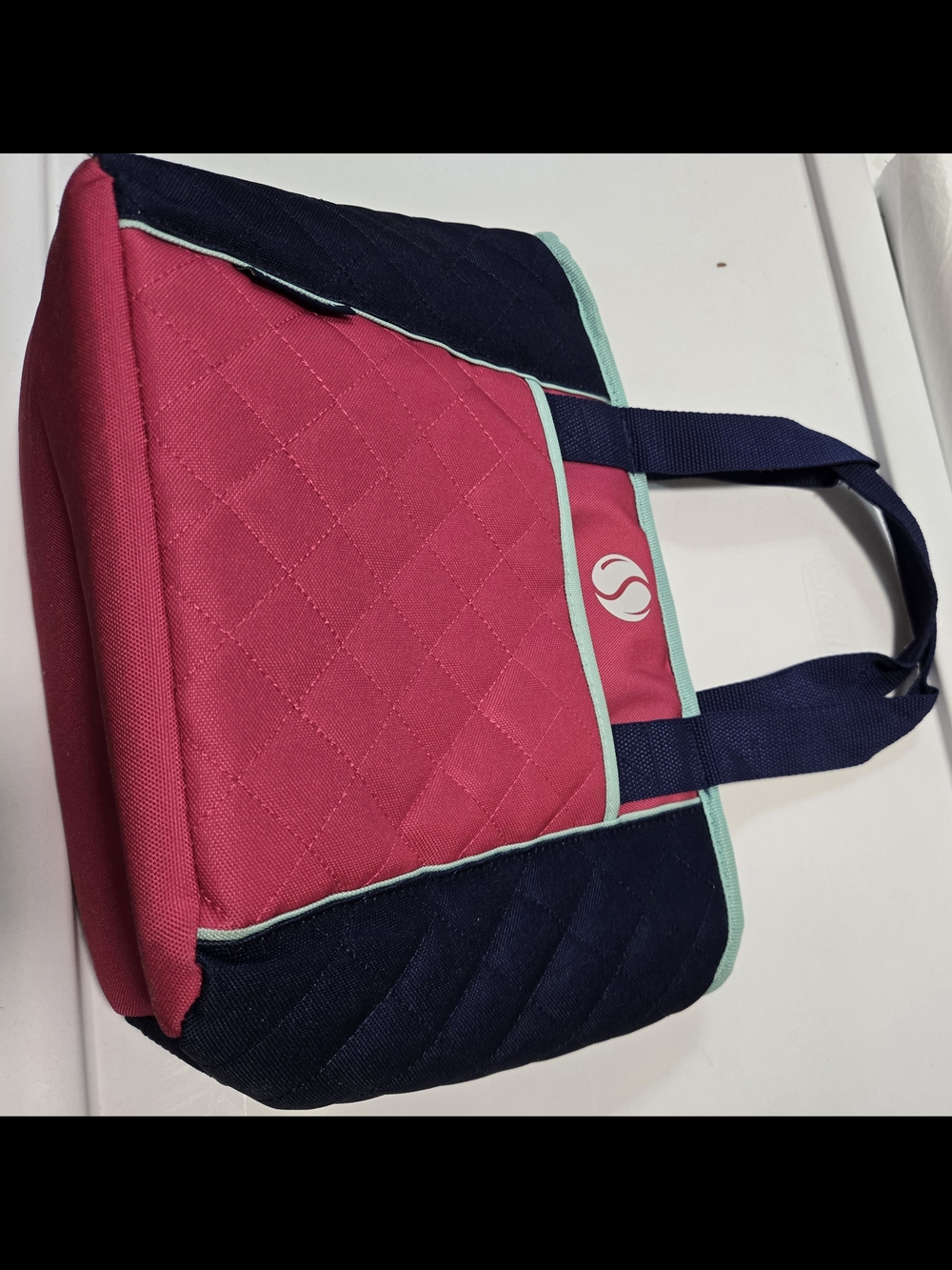 Quilted Pink and Navy Tote Bag with Mint Trim